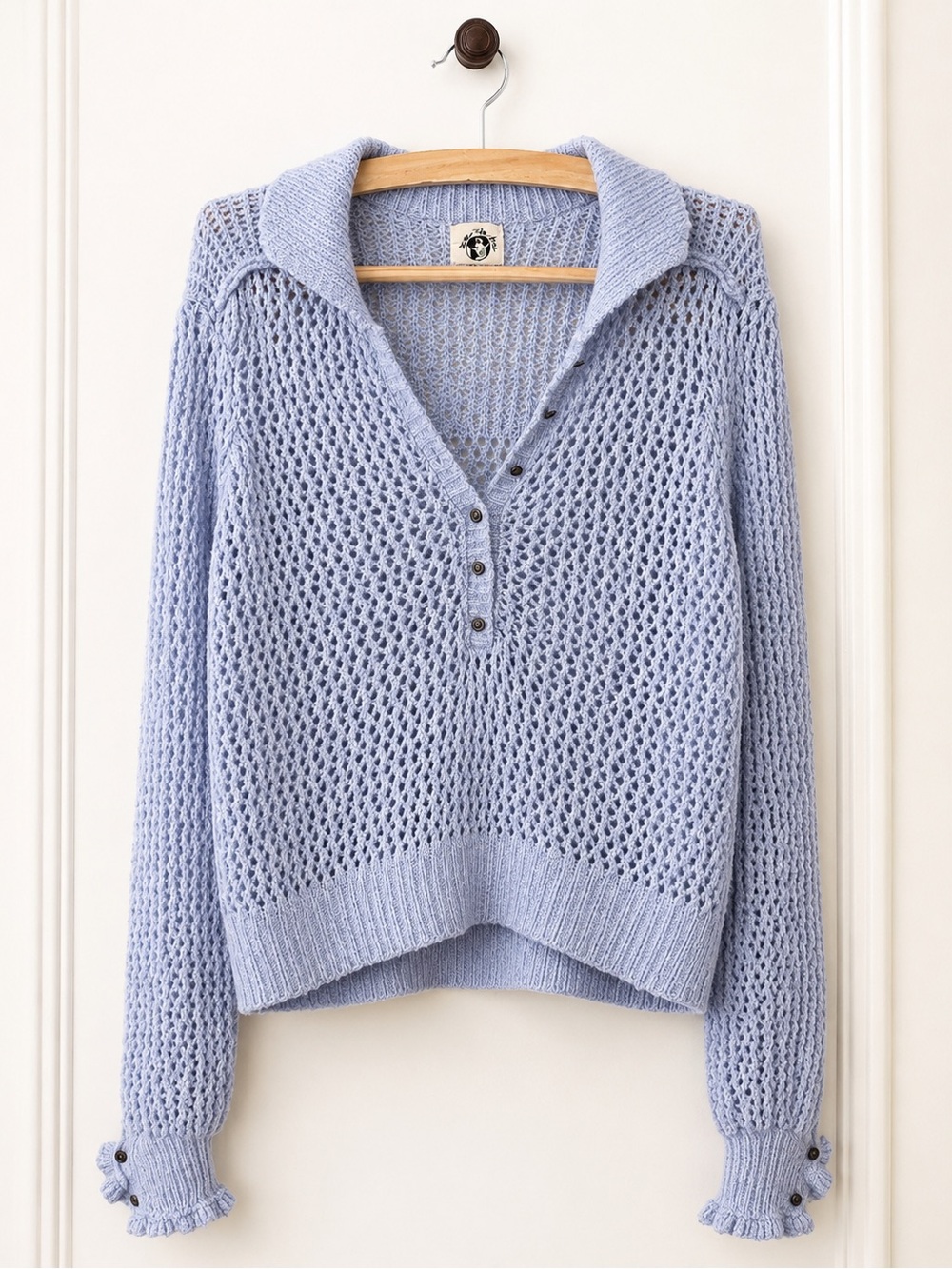 We The Free Light Blue Open Knit V-Neck Sweater